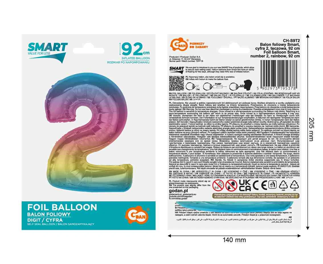 Balon foliowy Smart, cyfra 2, tęczowa, 92 cm  KK