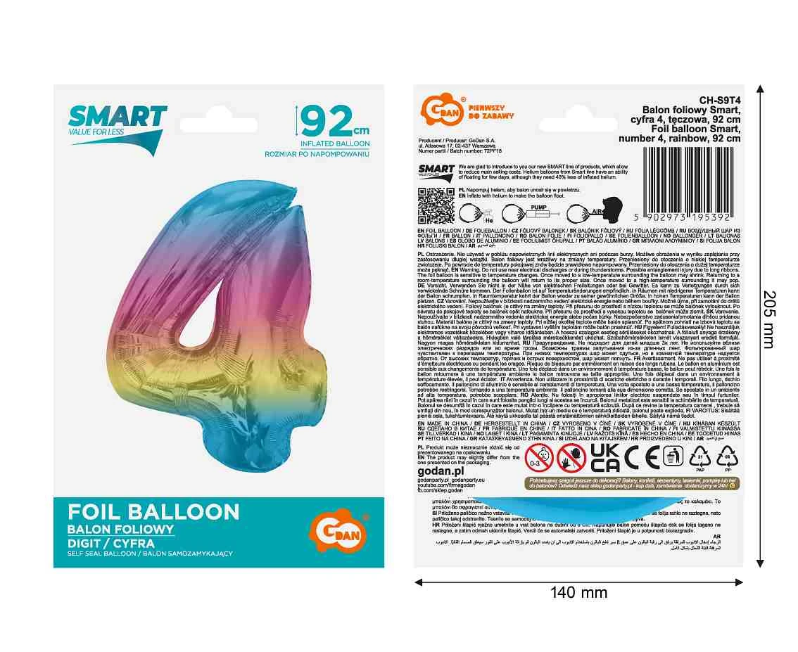 Balon foliowy Smart, cyfra 4, tęczowa, 92 cm  KK