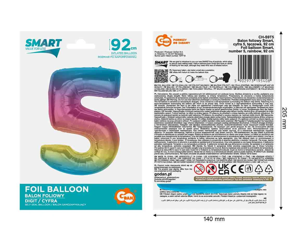 Balon foliowy Smart, cyfra 5, tęczowa, 92 cm  KK
