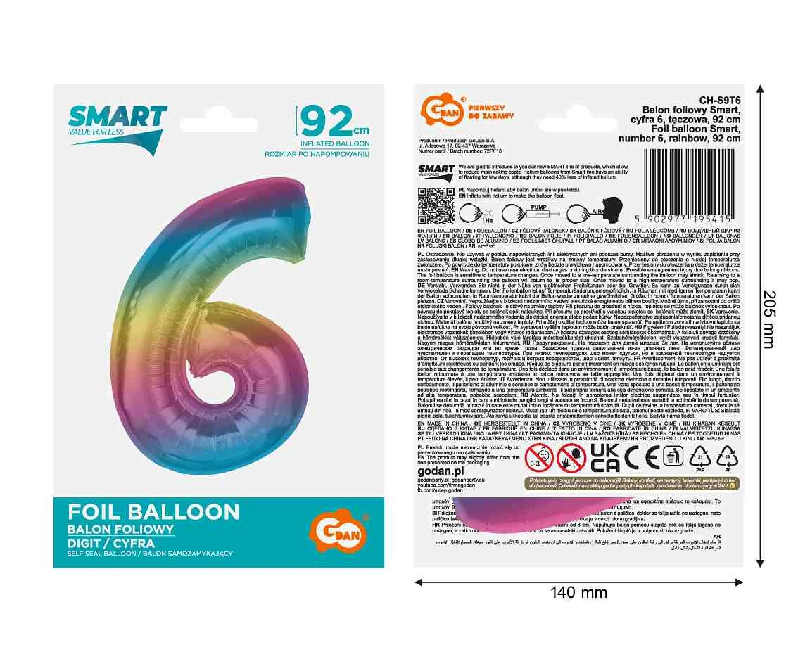 Balon foliowy Smart, cyfra 6, tęczowa, 92 cm  KK