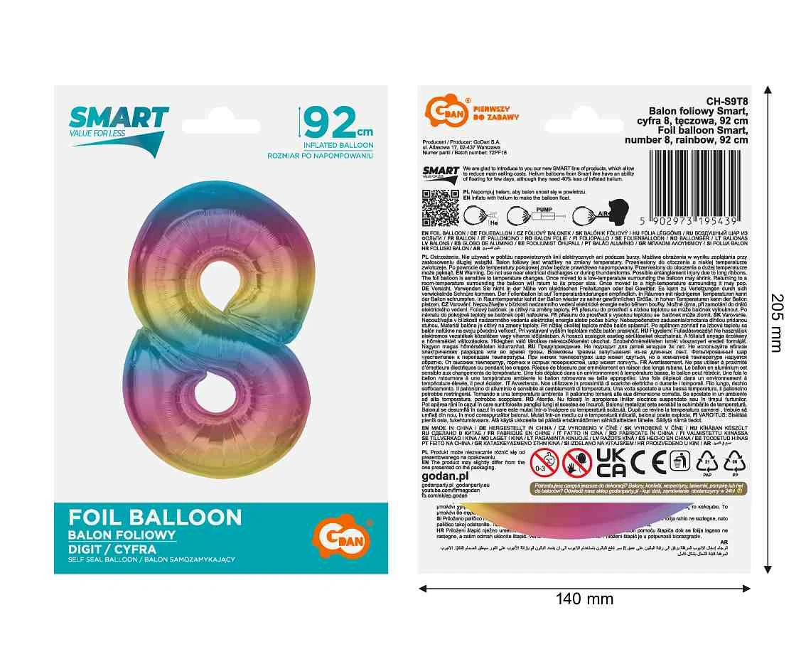 Balon foliowy Smart, cyfra 8, tęczowa, 92 cm  KK