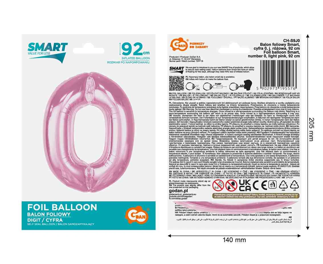 Balon foliowy B&C Cyfra 0, j. różowa, 92 cm