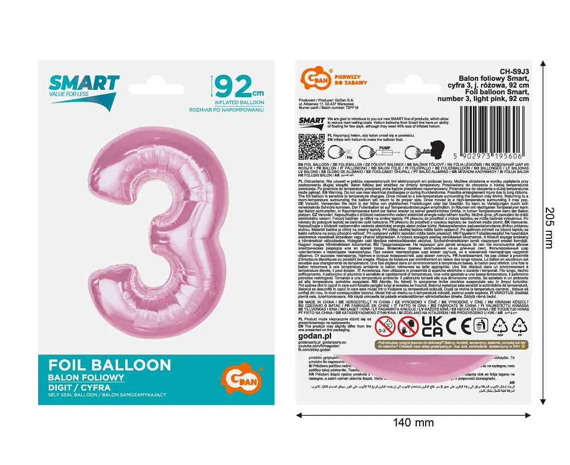 Balon foliowy B&C Cyfra 3, j. różowa, 92 cm
