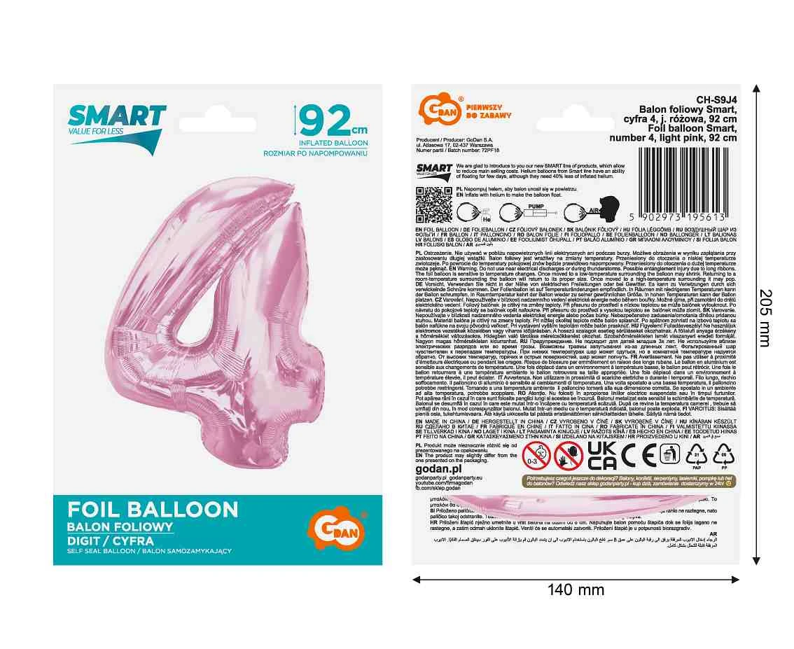Balon foliowy B&C Cyfra 4, j. różowa, 92 cm
