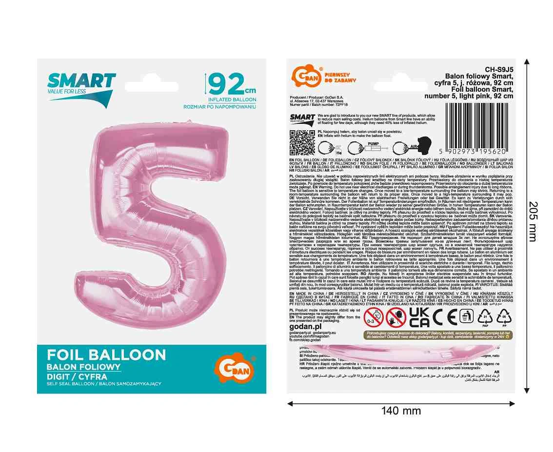 Balon foliowy B&C Cyfra 5, j. różowa, 92 cm