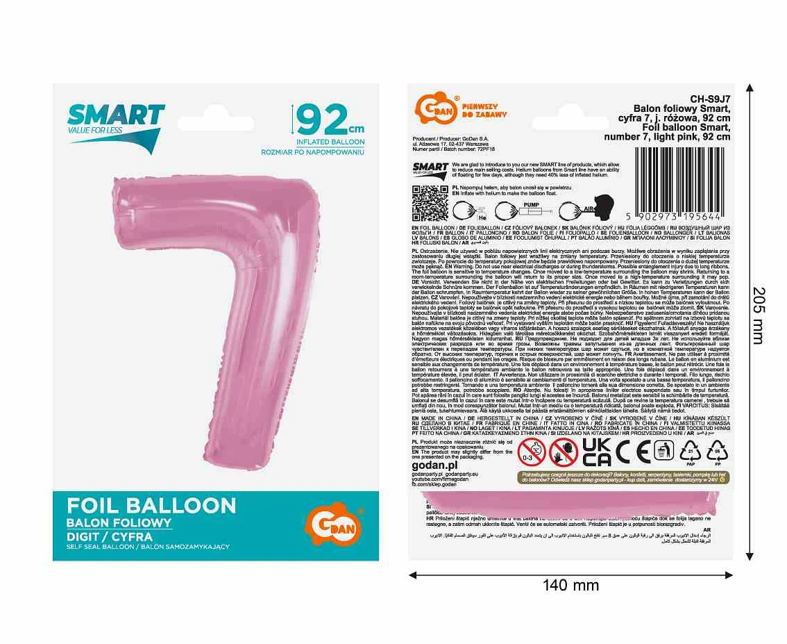 Balon foliowy B&C Cyfra 7, j. różowa, 92 cm