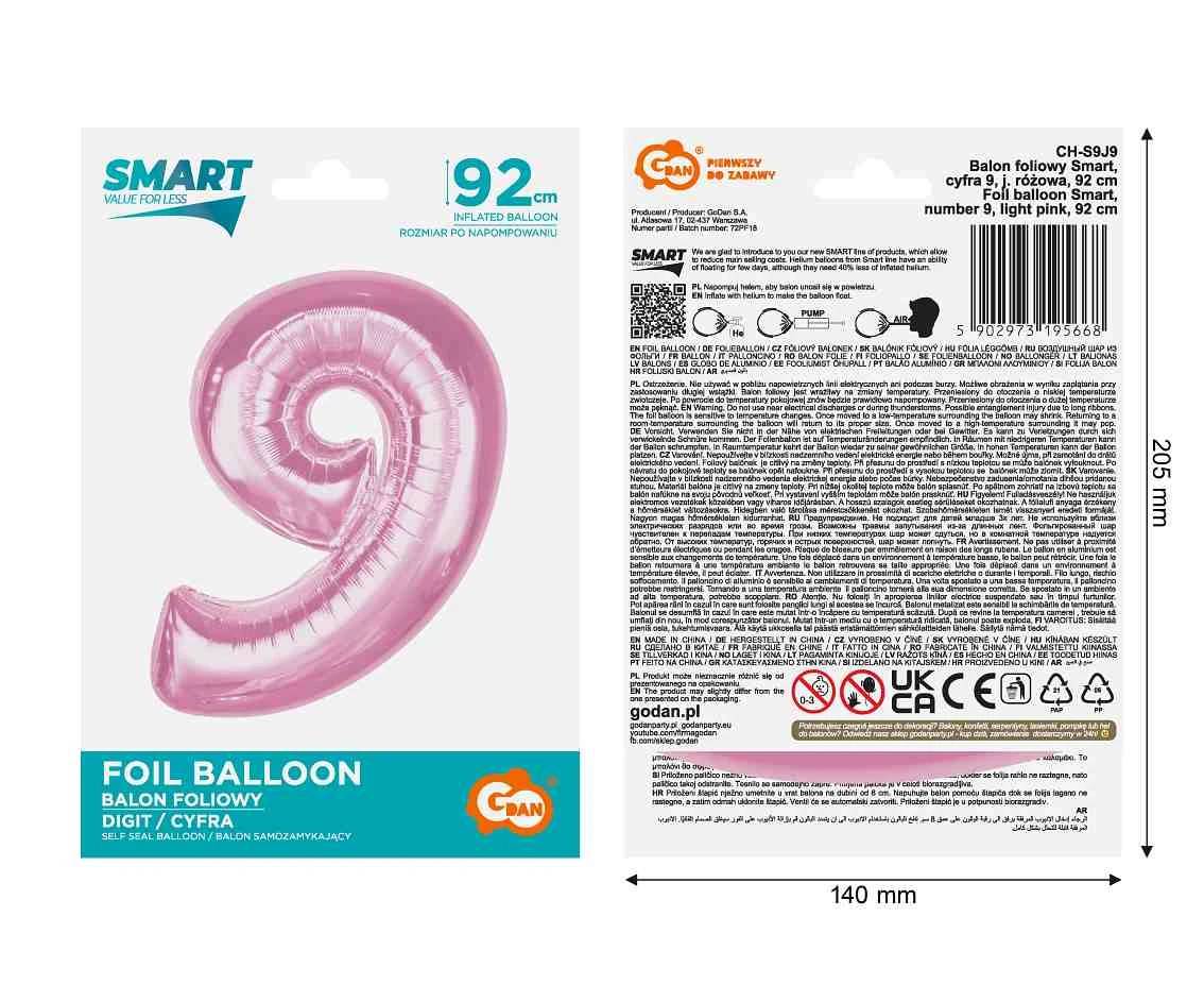 Balon foliowy B&C Cyfra 9, j. różowa, 92 cm