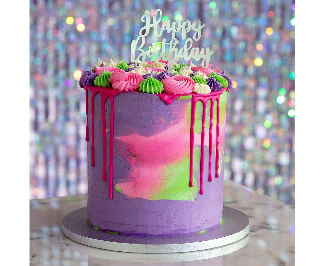 Dekoracja na tort Happy Birthday, srebrna, 15,5 x 11 cm