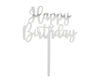Dekoracja na tort Happy Birthday, srebrna, 15,5 x 11 cm