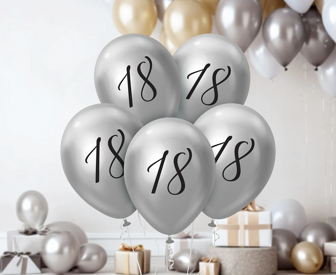 Balony B&C 12",  18. urodziny, platyna srebrne, 5szt.