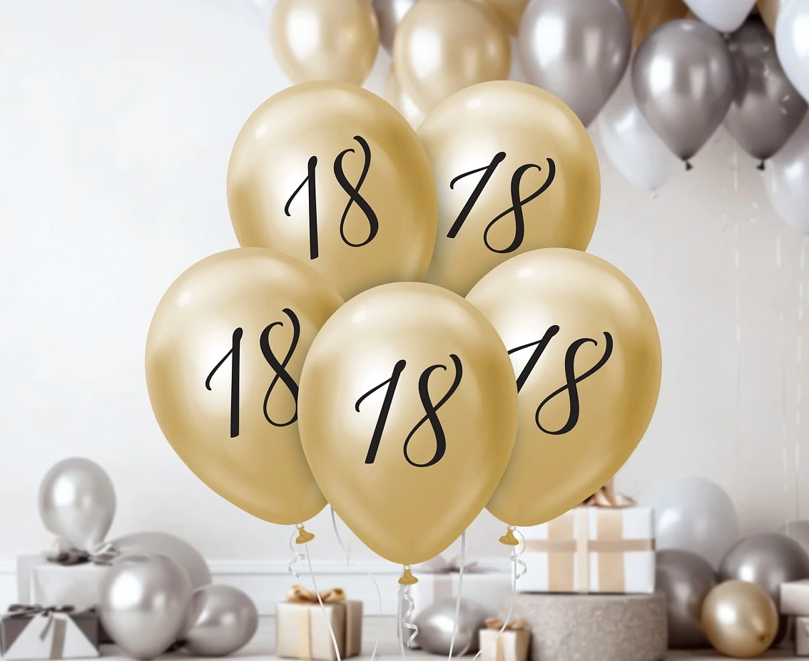 Balony B&C 12",  18. urodziny, platyna jasnozłote, 5szt.