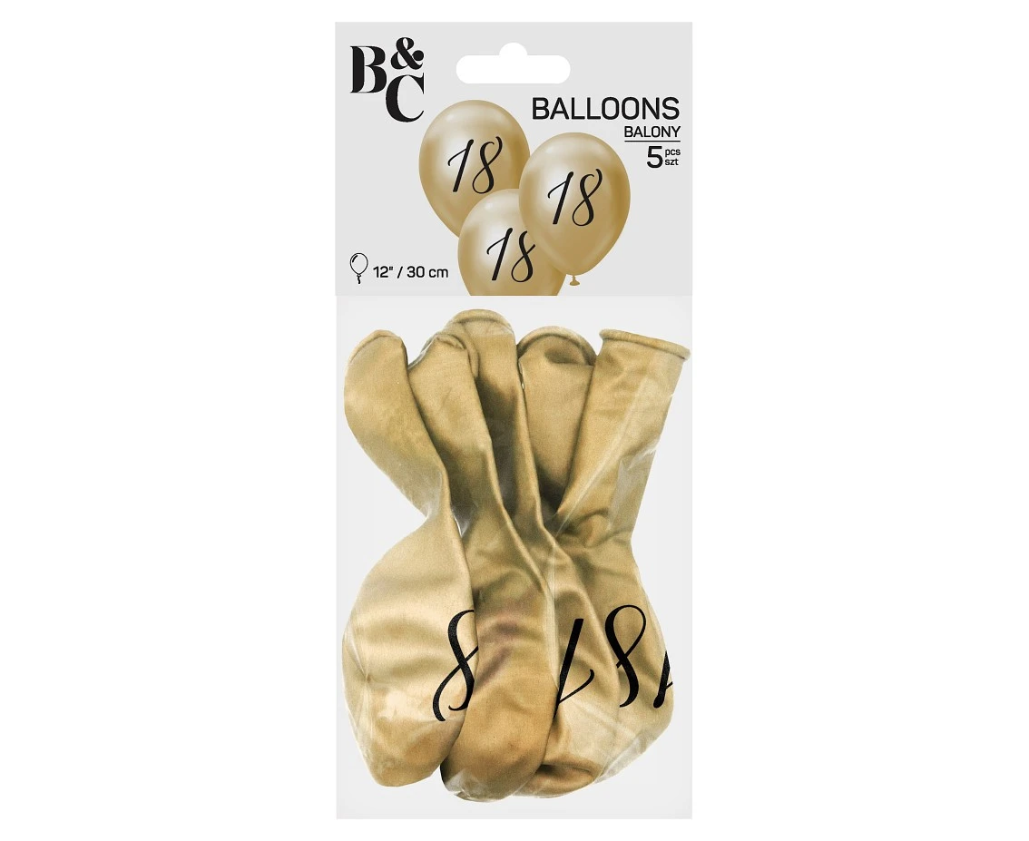 Balony B&C 12",  18. urodziny, platyna jasnozłote, 5szt.