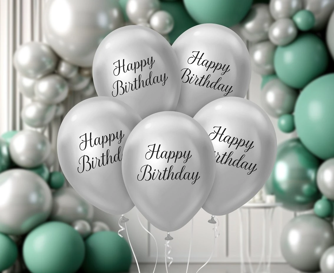Balony B&C 12", "Happy Birthday", platyna srebrne, 5szt.