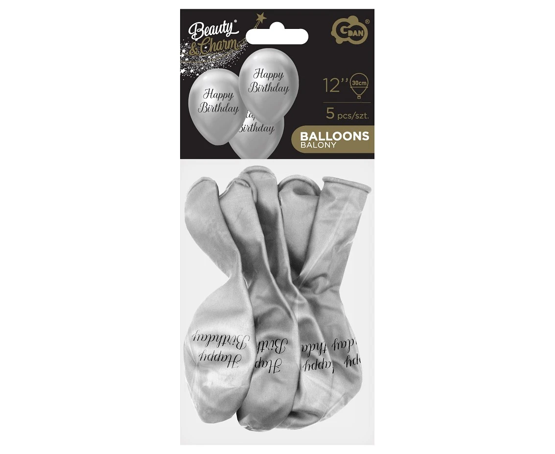Balony B&C 12", "Happy Birthday", platyna srebrne, 5szt.