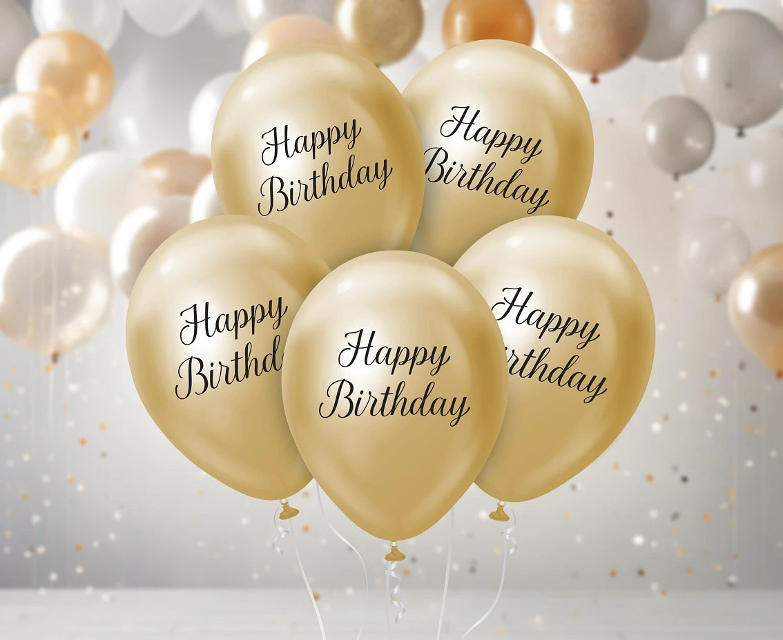 Balony B&C 12", Happy Birthday, platyna jasnozłote, 5szt.