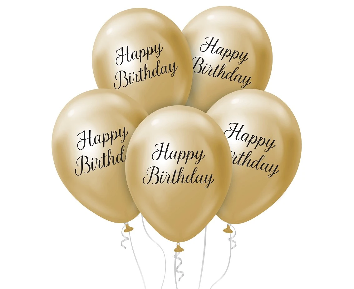 Balony B&C 12", Happy Birthday, platyna jasnozłote, 5szt.