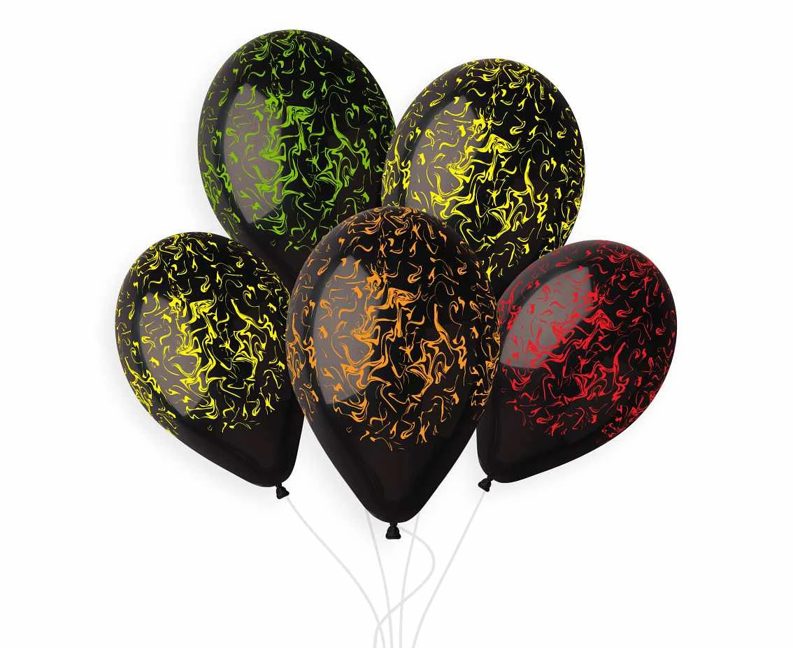 Balony Gemar 13", premium hel marble, czarne, kolorowe nadruki, 5szt. KK