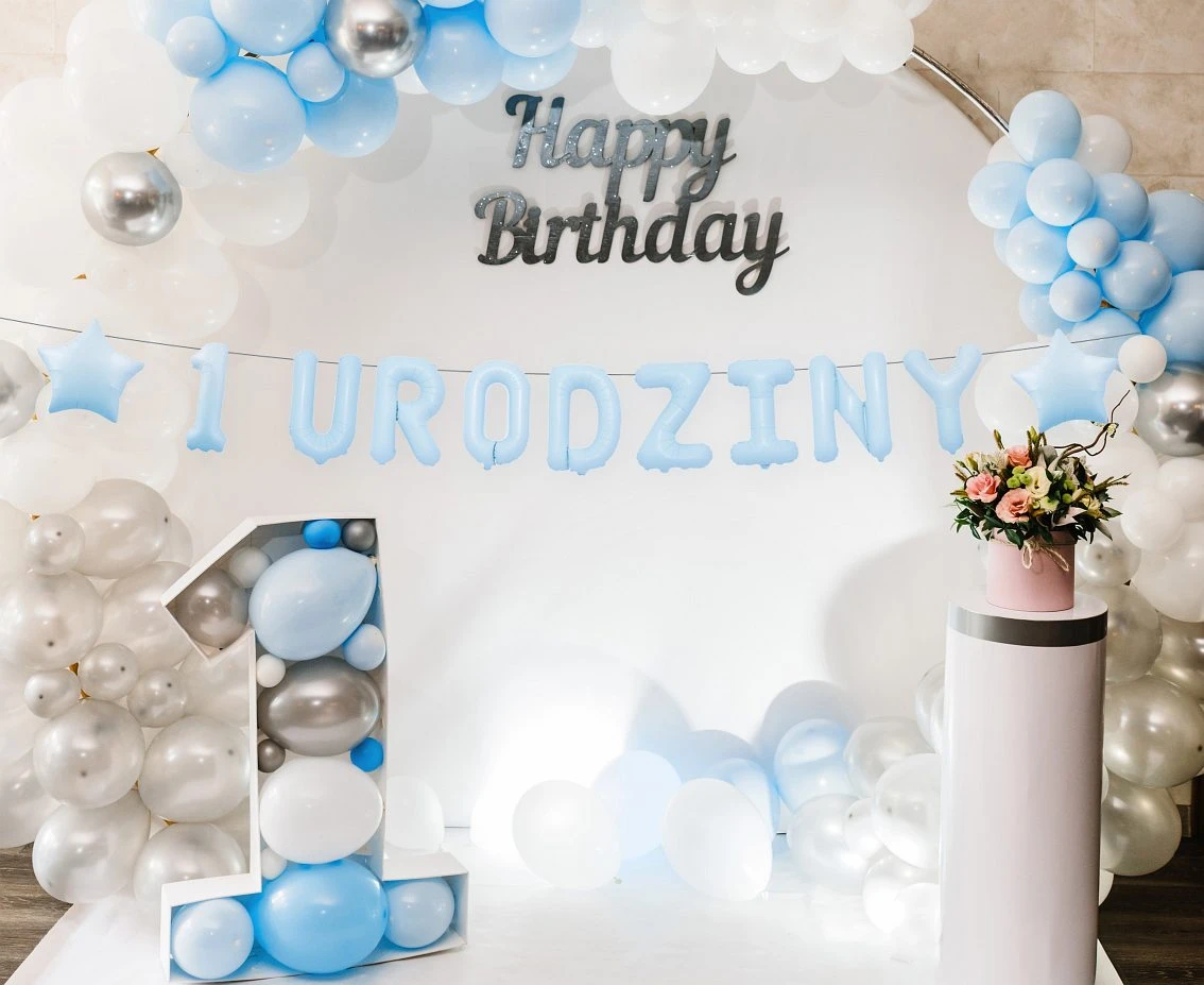 Girlanda papierowa "1 URODZINY", niebieska, 1,5 m.
