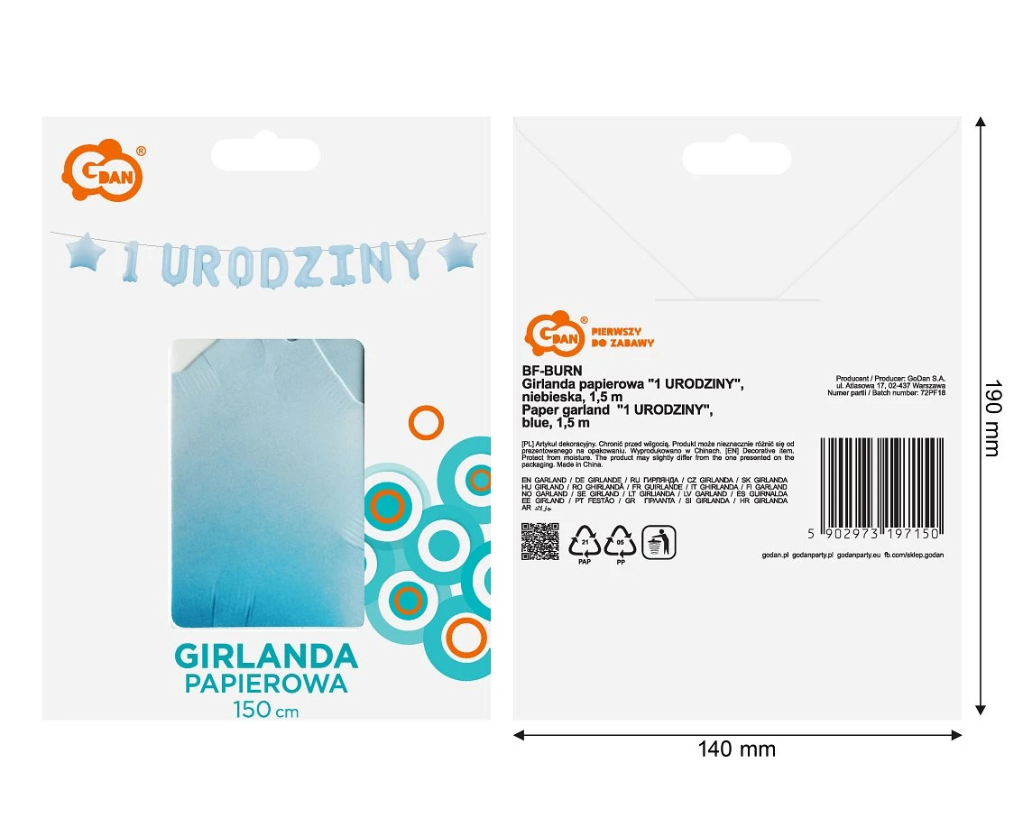 Girlanda papierowa "1 URODZINY", niebieska, 1,5 m.