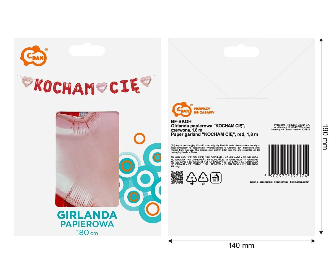 Girlanda papierowa "KOCHAM CIĘ", czerwona, 1,8 m.
