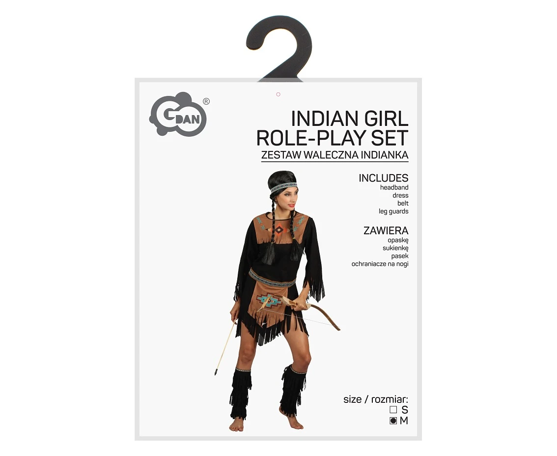 Zestaw dla dorosłych Waleczna Indianka (opaska, sukienka, pasek, ochraniacze na nogi), rozm. M