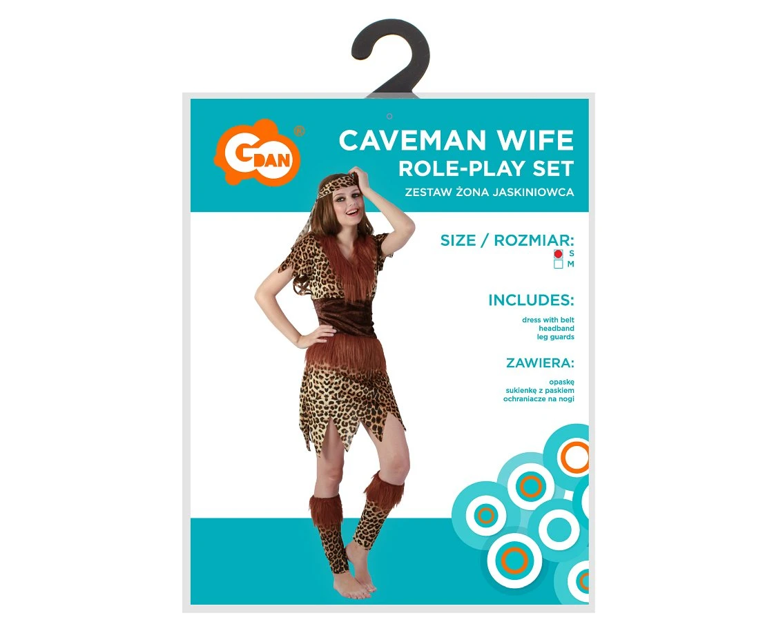 Zestaw dla dorosłych Żona Jaskiniowca (sukienka z paskiem, opaska, ochraniacze na nogi), rozm. S
