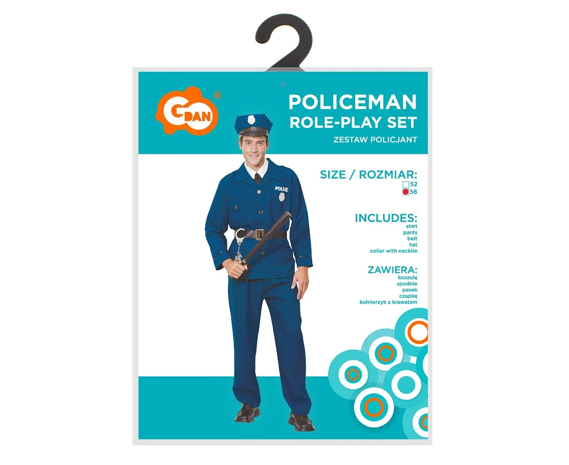 Zestaw dla dorosłych Policjant (koszula, spodnie, pasek, czapka), rozm.56