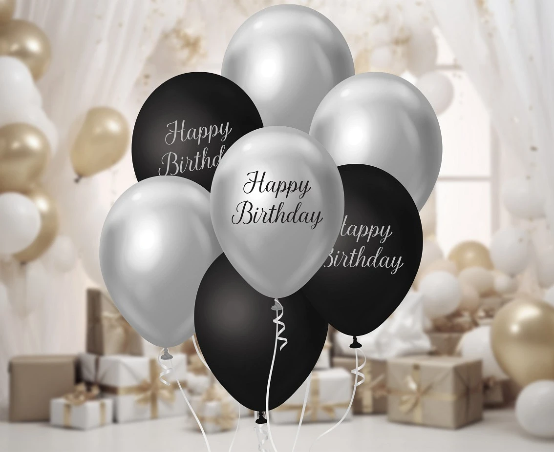 Bukiet balonowy B&C srebrno-czarny Happy Birthday, 7 szt.