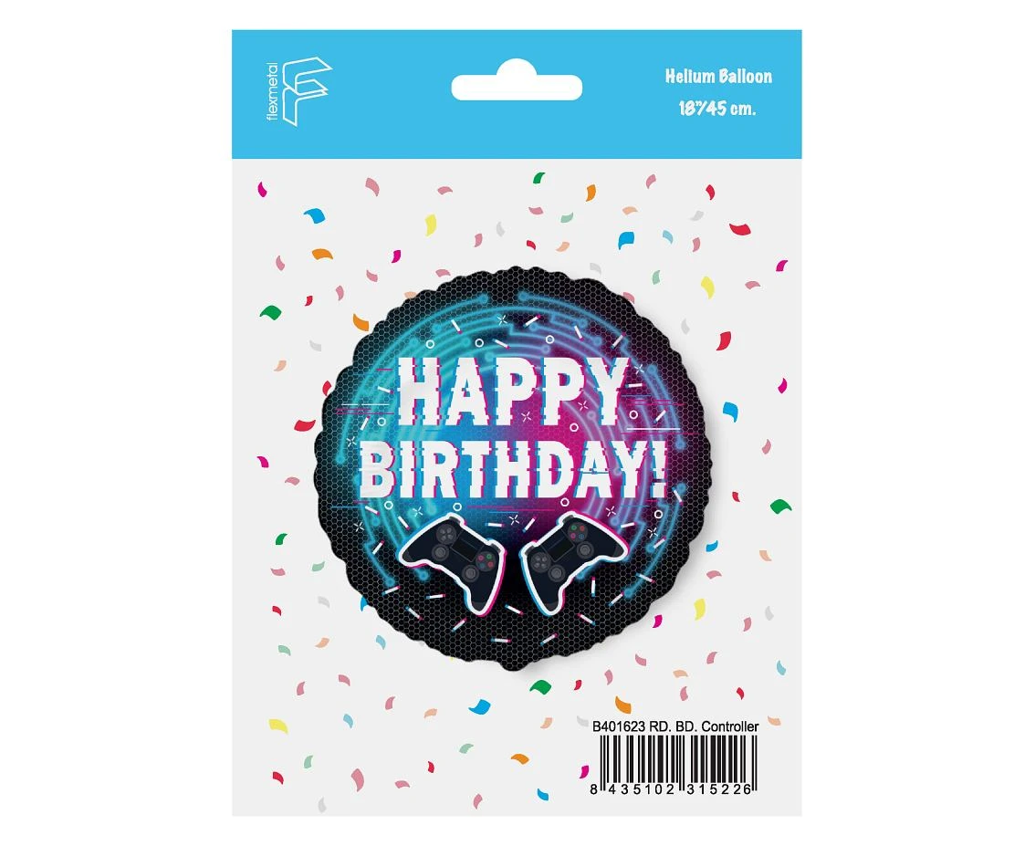 Balon foliowy 18" FX - Happy Birthday - Kontroler (Gamepad), pakowany
