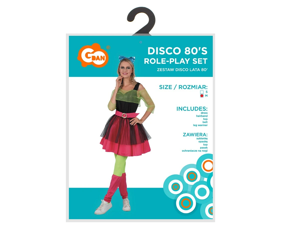 Zestaw dla dorosłych Disco lata 80' (sukienka, opaska,top, pasek, ochraniacze na nogi), rozm. M
