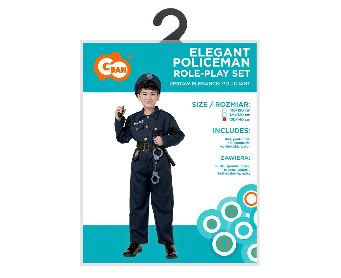 Zestaw dla dzieci Elegancki Policjant (bluzka, spodnie, pasek, czapka, kajdanki, krótkofalówka, pałka), rozm. 130/140 cm