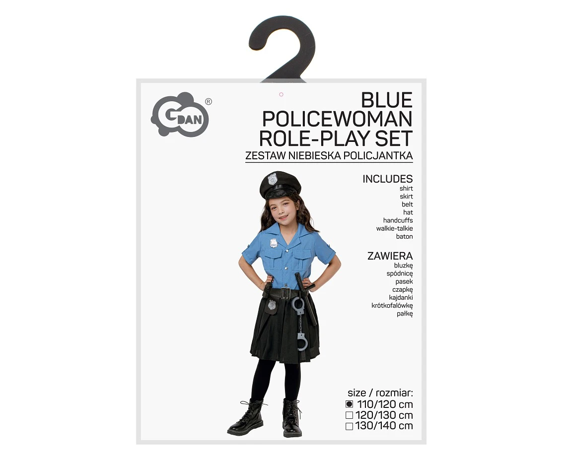 Zestaw dla dzieci Niebieska Policjantka (bluzka, spódnica, pasek, czapka, kajdanki, krótkofalówka, pałka), rozm. 110/120 cm