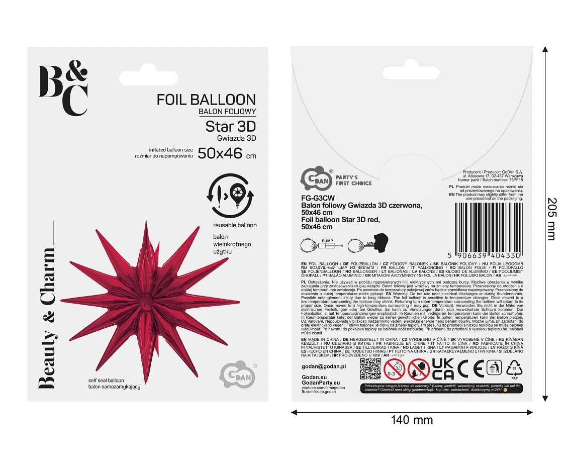 Balon foliowy Gwiazda 3D czerwona, 50x46cm