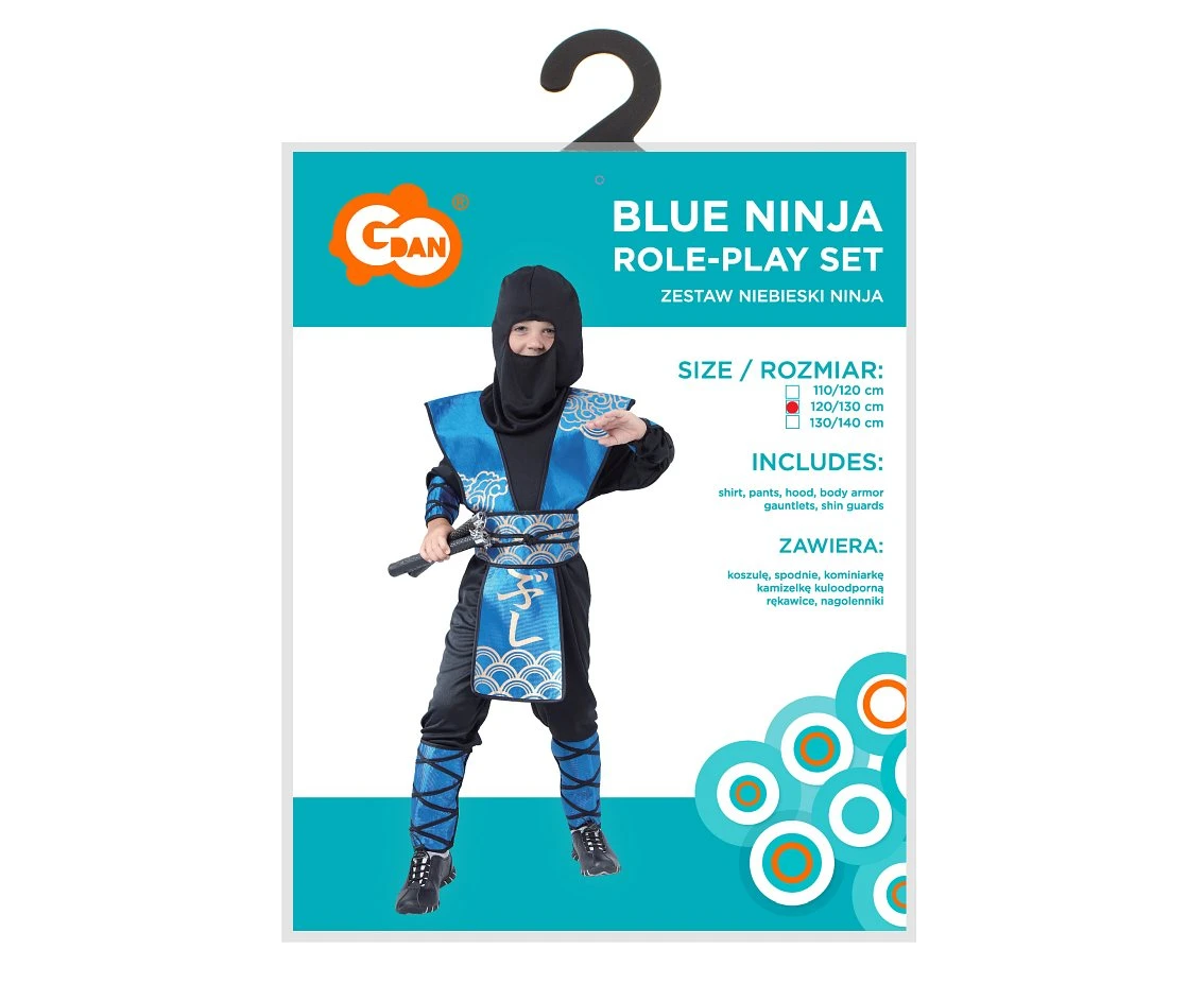 Zestaw dla dzieci Niebieski Ninja (koszula, spodnie, kominiarka, kamizelka kuloodporna, rękawice, nagolenniki), rozm.120/130 cm