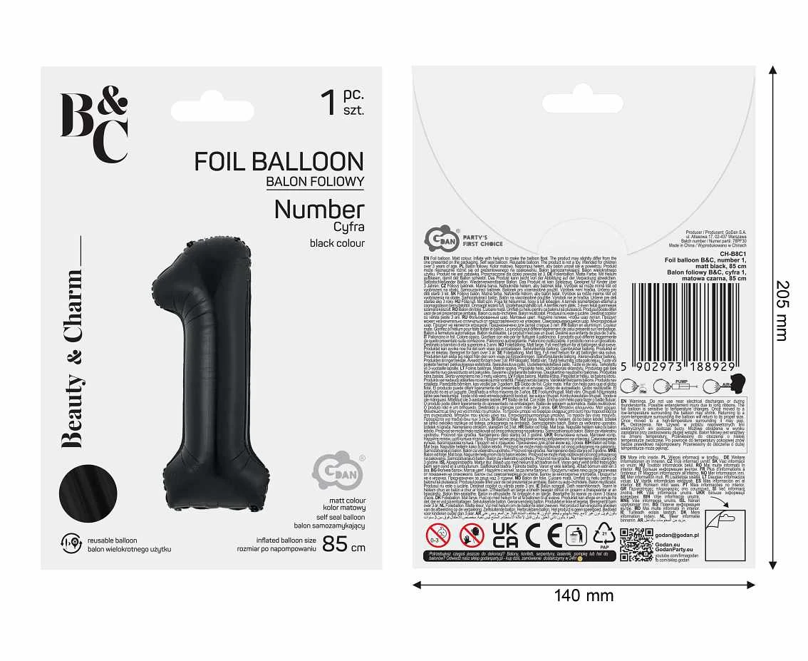 Balon foliowy B&C, cyfra 1, matowa czarna, 85 cm