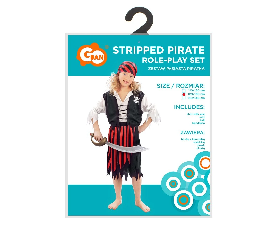 Zestaw dla dzieci Pasiasta Piratka (bluzka z kamizelką, spódnica, pasek, chusta), rozm.120/130 cm