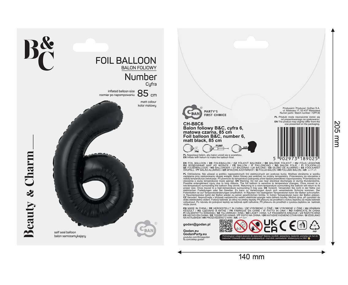 Balon foliowy B&C, cyfra 6, matowa czarna, 85 cm
