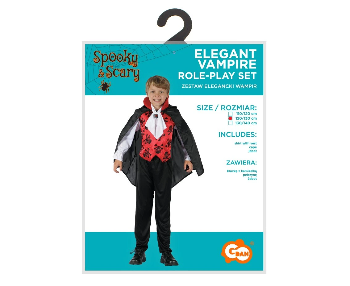 Zestaw dla dzieci Elegancki Wampir (bluzka z kamizelką, peleryna, żabot), rozm. 120/130 cm
