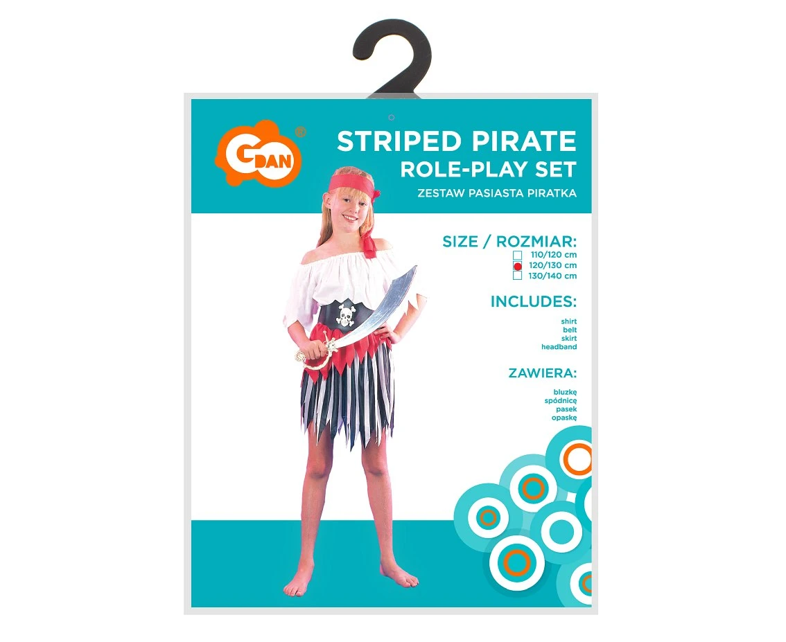 Zestaw dla dzieci Pasiasta Piratka (bluzka, spódnica, pasek, opaska), rozm.120/130 cm
