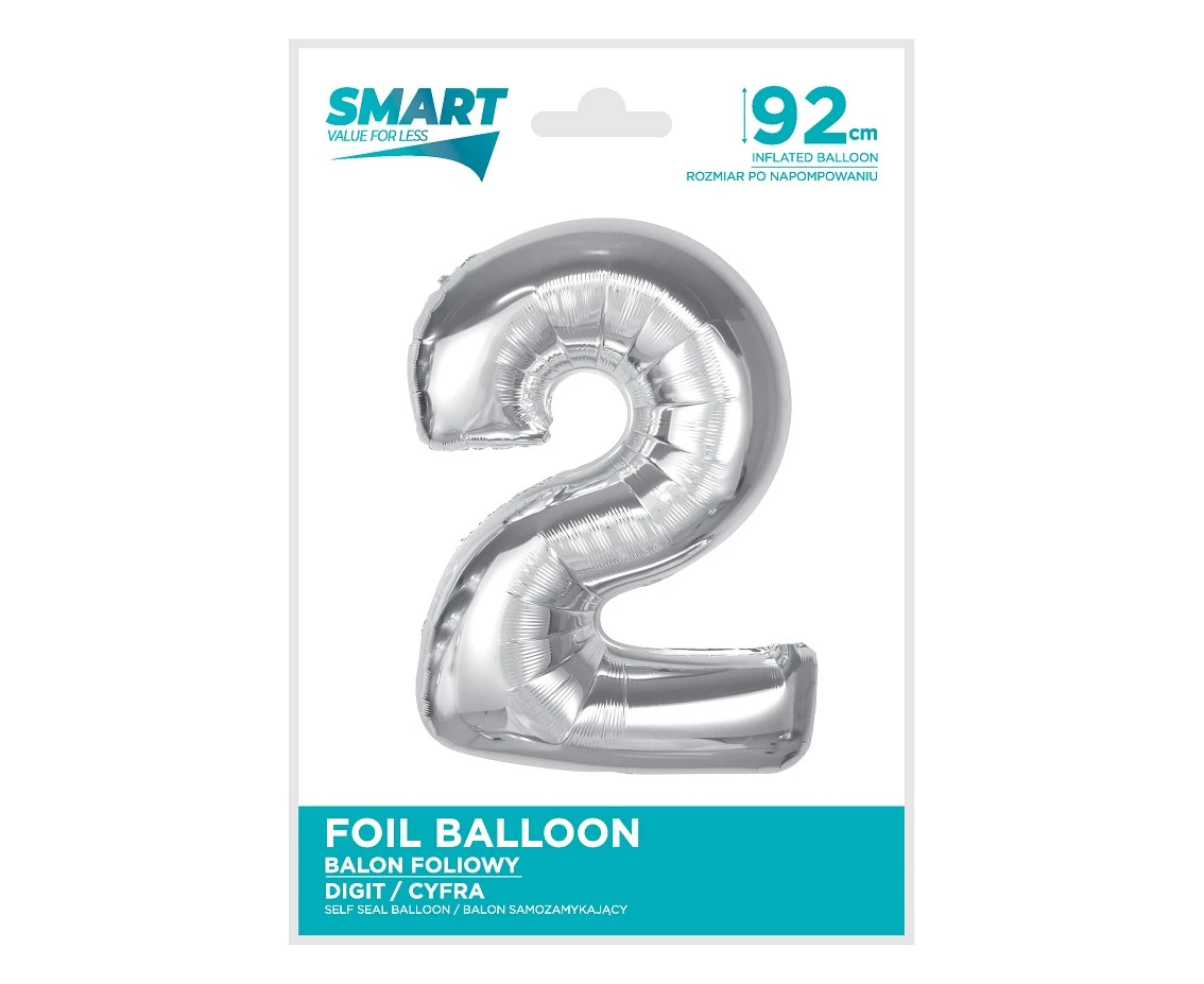 Balon foliowy Smart, cyfra 2, srebrna, 92 cm KK