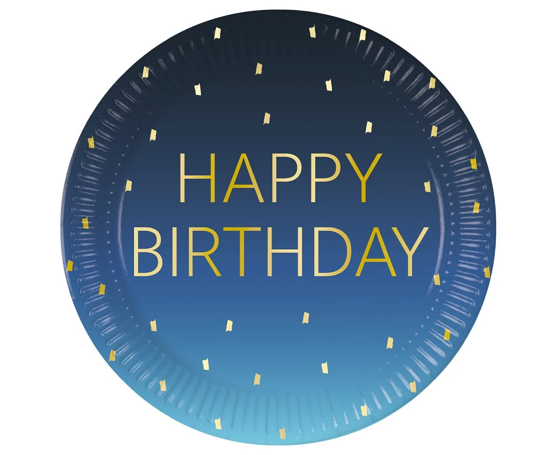 Talerzyki papierowe Blue Happy Birthday, Decorata, FSC, 23 cm, 8 szt. KK