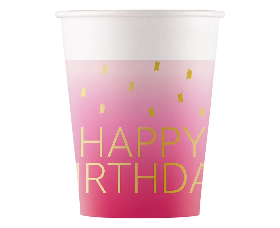 Kubeczki papierowe Pink Happy Birthday, Decorata, FSC, 200 ml, 8 szt. KK