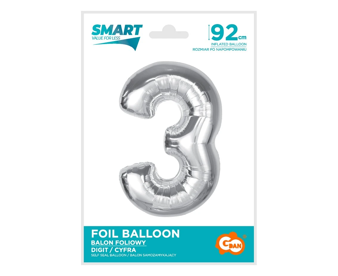 Balon foliowy Smart, cyfra 3, srebrna, 92 cm KK
