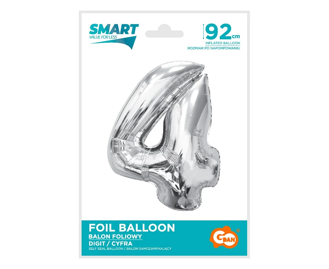Balon foliowy Smart, cyfra 4, srebrna, 92 cm KK