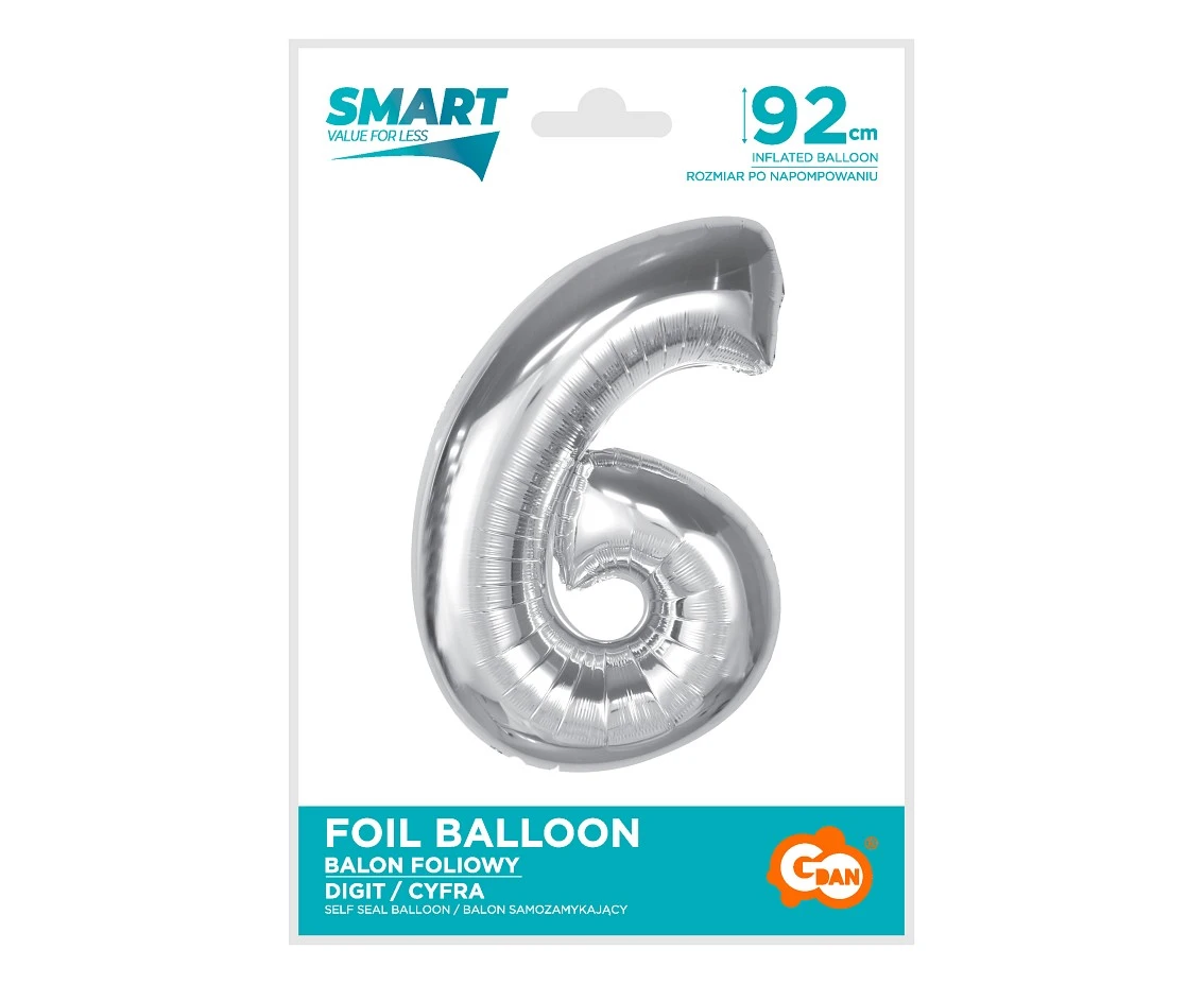 Balon foliowy Smart, cyfra 6, srebrna, 92 cm KK