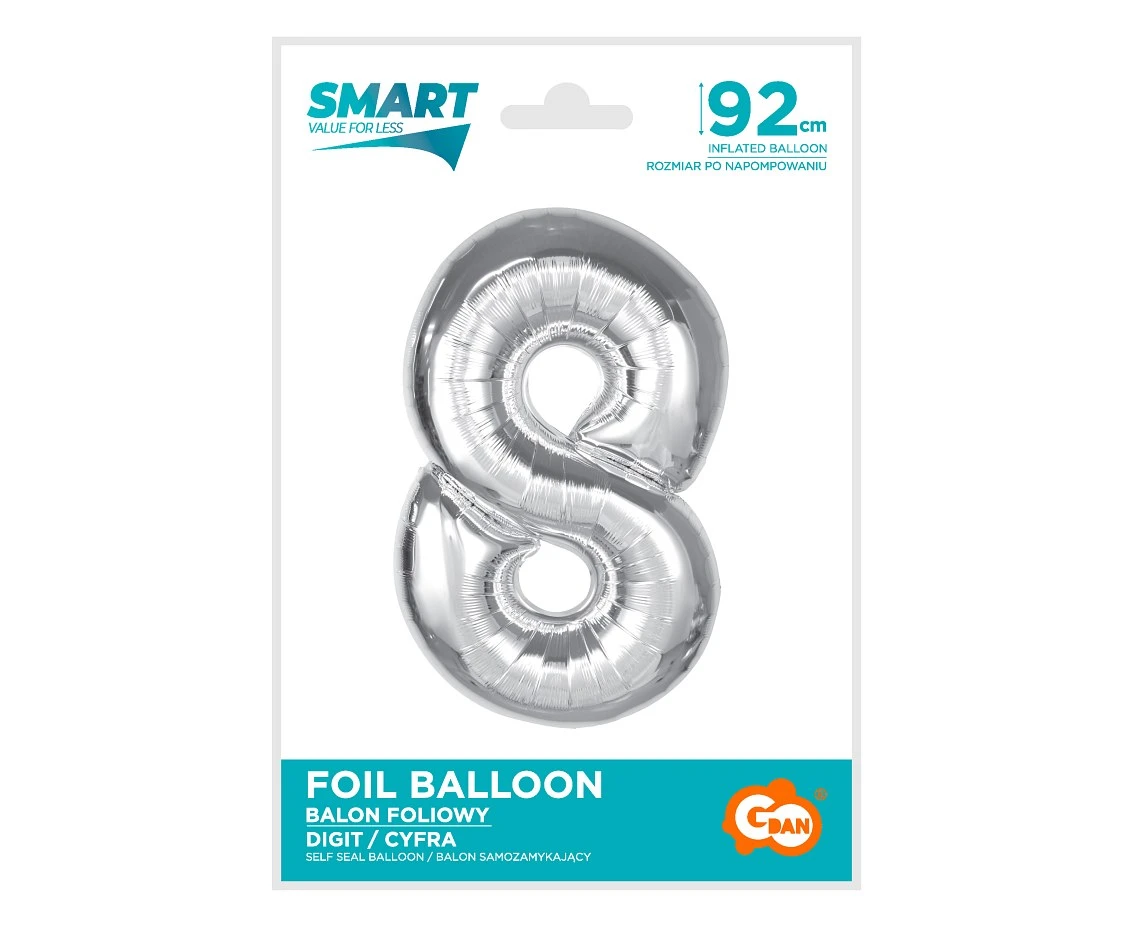 Balon foliowy Smart, cyfra 8, srebrna, 92 cm KK