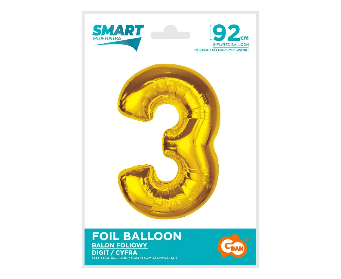 Balon foliowy Smart, cyfra 3, złota, 92 cm KK