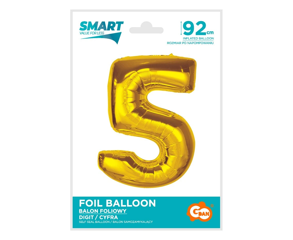 Balon foliowy Smart, cyfra 5, złota, 92 cm KK