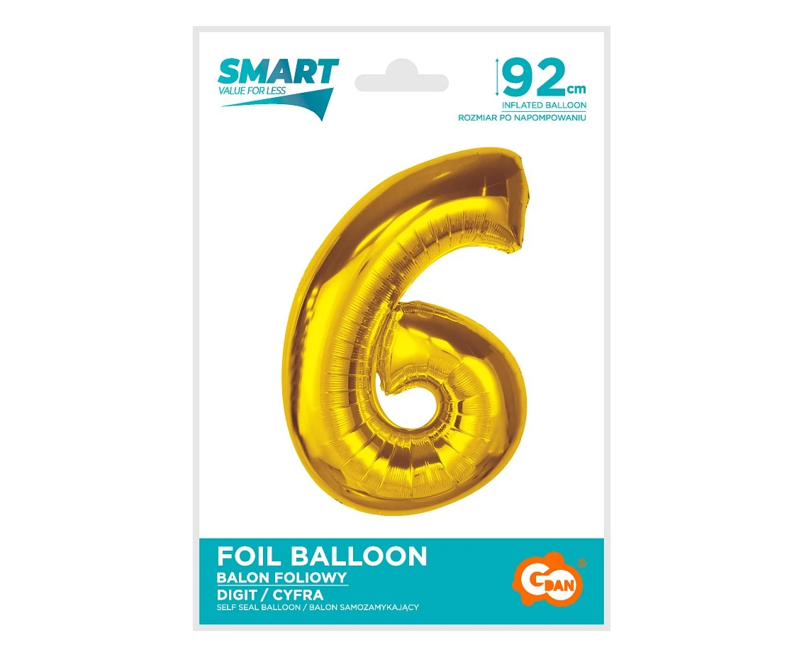 Balon foliowy Smart, cyfra 6, złota, 92 cm KK