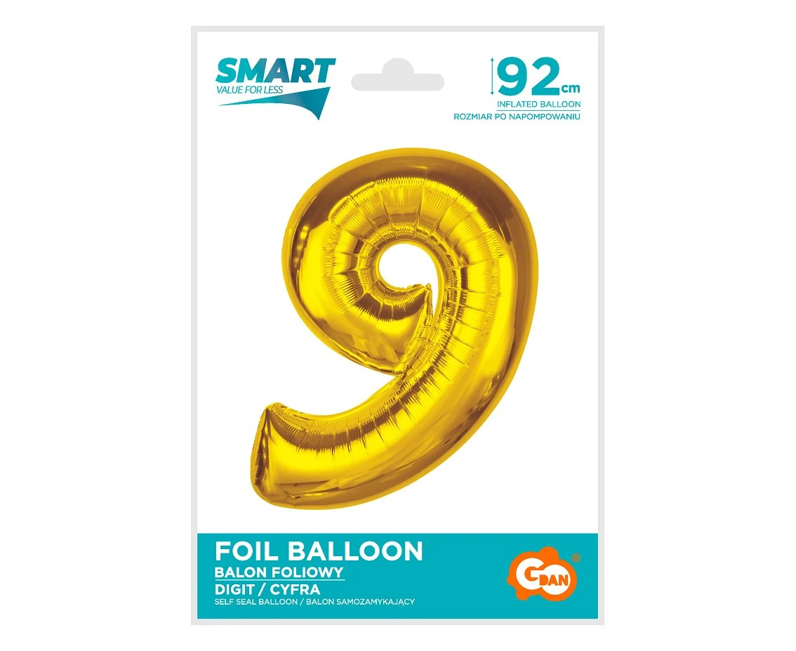 Balon foliowy Smart, cyfra 9, złota, 92 cm KK